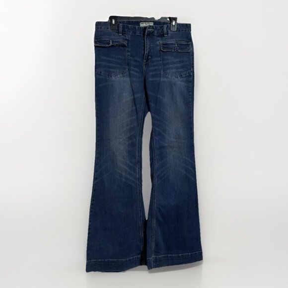 Free People Blue Denim Low Rise Wide Leg Bell Bottom Jeans Sz 29 Y2K - Picture 2 of 8